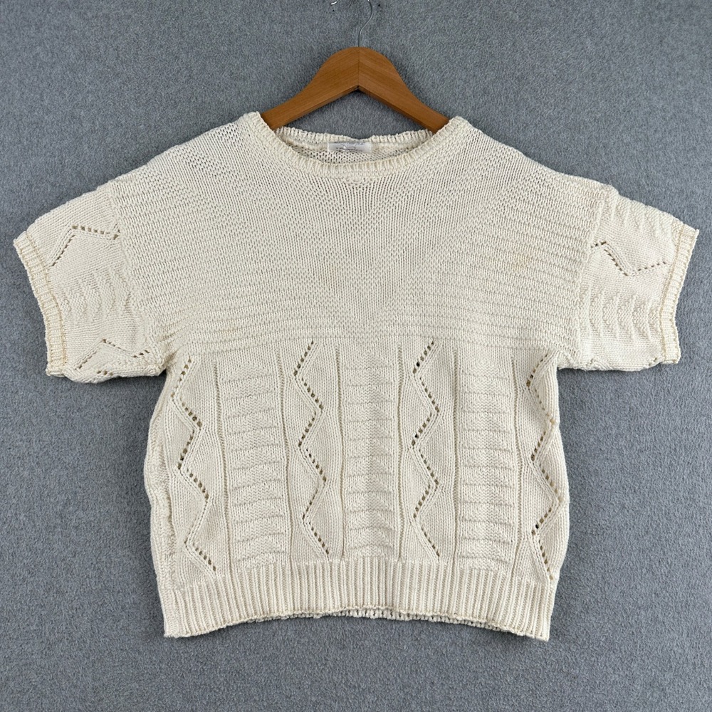 Vintage Across America Sweater‎ Womens M Cream Short Sleeve Knit Pointelle USA